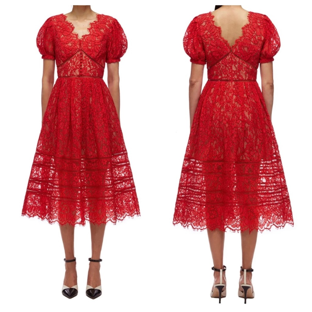 Self Portrait Fine Cord Lace Midi Dress in Red | 8 NWT